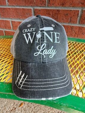 NWT  Black & Gray "Crazy Wine Lady" Distressed Trucker Hat